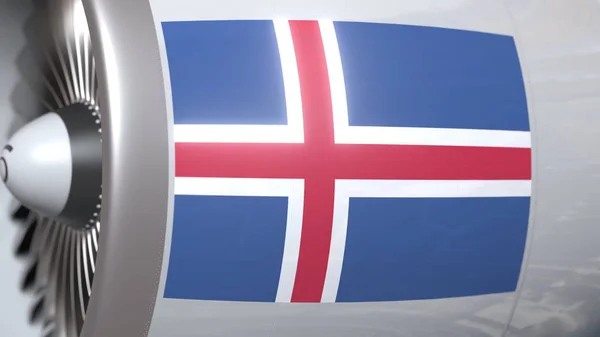 Літак турбіни з прапором Ісландії. Ісландський транспорт концептуального 3D рендеринга — стокове фото