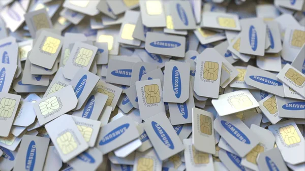 SIM cards with Samsung logo, close-up. Editorial telecommunication related 3D rendering — Stock Photo, Image