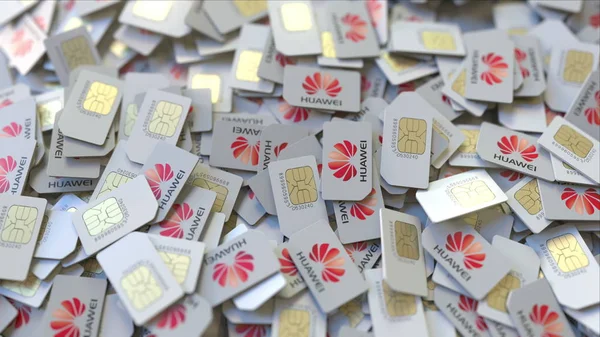 Stapel von SIM-Karten mit Huawei-Logo, Nahaufnahme. redaktionelle Telekommunikation im Zusammenhang mit 3D-Rendering — Stockfoto