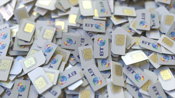 Pile of SIM cards with BT Group plc logo, close-up. Editorial telecommunication related 3D rendering — Stock Photo, Image