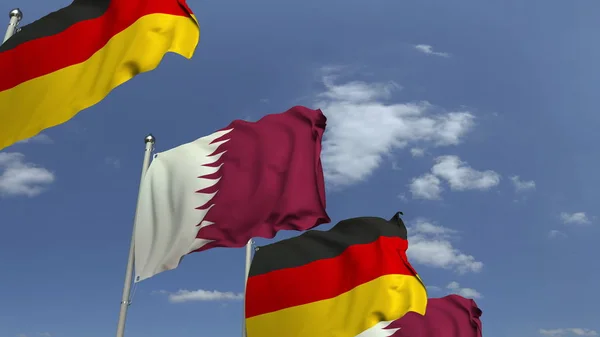 Reihe schwenkender Fahnen von Katar und Deutschland, 3D-Darstellung — Stockfoto