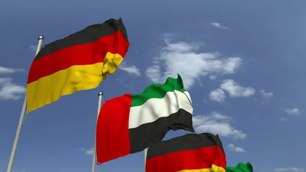 Flaggen der USA und Deutschlands bei internationalen Treffen, 3D-Darstellung — Stockfoto