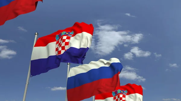Fila de bandeiras acenando da Croácia e da Rússia, renderização 3D — Fotografia de Stock
