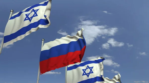 Banderas de Israel y Rusia en reunión internacional, representación 3D — Foto de Stock