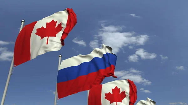 Fila de banderas ondeantes de Canadá y Rusia, representación 3D — Foto de Stock