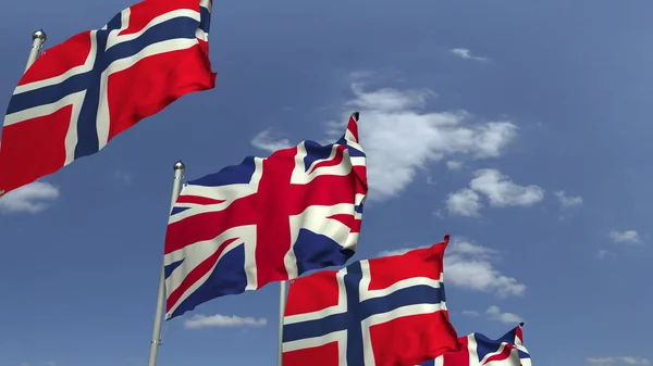 Banderas de Noruega y el Reino Unido en el encuentro internacional, representación 3D —  Fotos de Stock