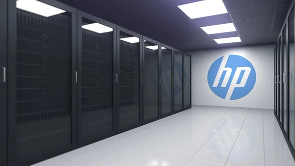 HEWLETT-PACKARD COMPANY logo in the server room, editorial 3D rendering — Stock Photo, Image