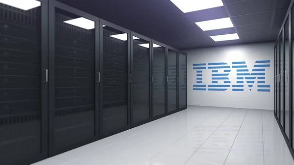 Logo of IBM on the wall of a server room, editorial 3D rendering — Stock Photo, Image