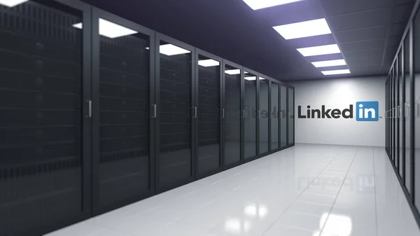 Logo-ul LINKEDIN în camera serverului, redarea editorială 3D — Fotografie, imagine de stoc
