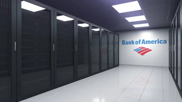 服务器室内的美国银行标志，编辑3D渲染 — 图库照片