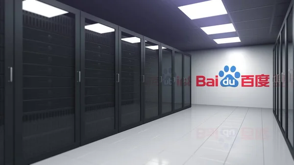 Логотип BAIDU на стене серверной комнаты, редакционная 3D рендеринг — стоковое фото