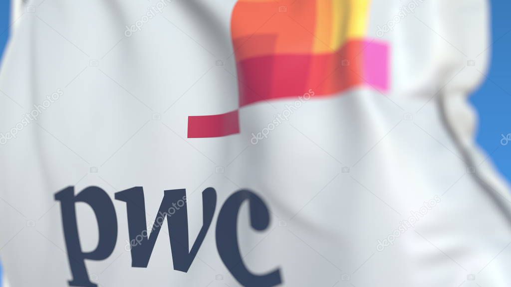Waving flag with logo, close-up. Editorial 3D
