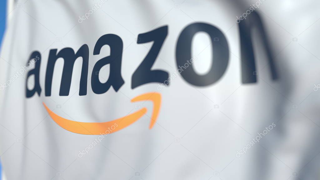 Waving flag with logo, close-up. Editorial 3D