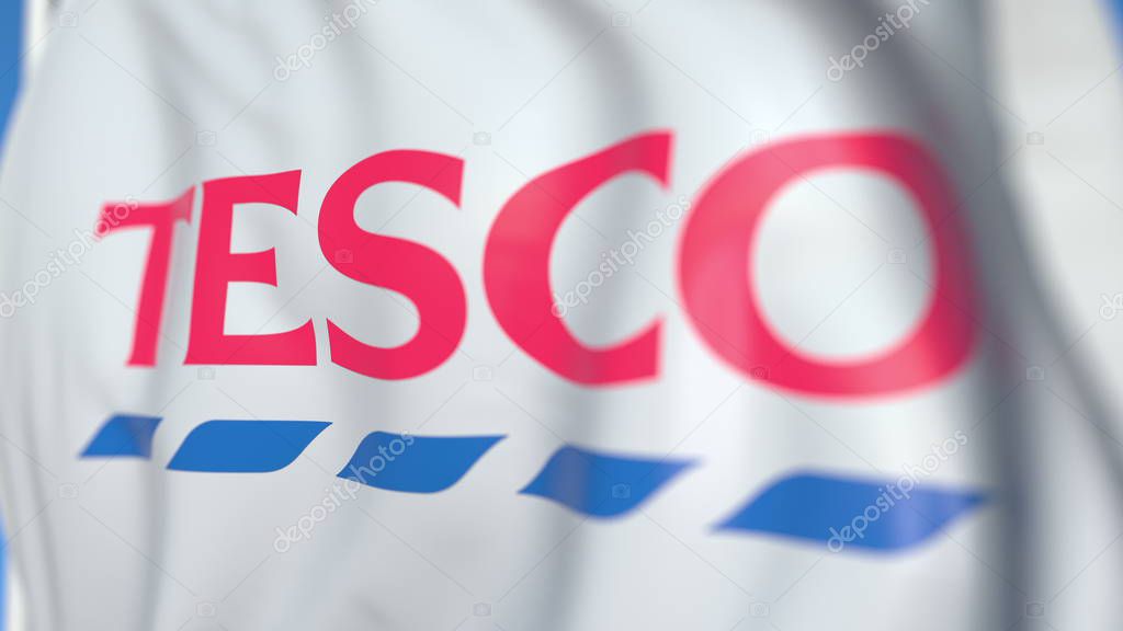 Waving flag with logo, close-up. Editorial 3D