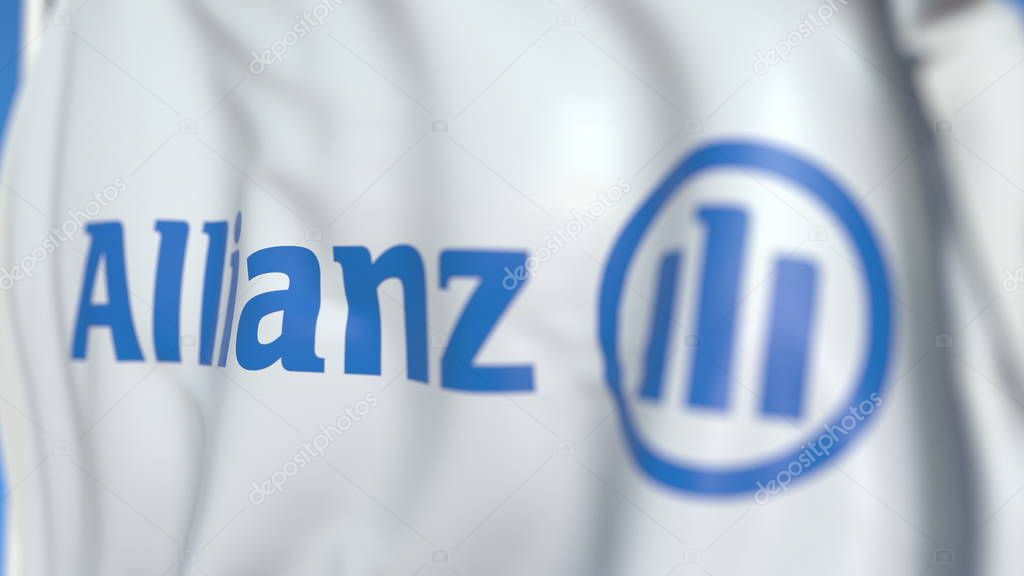 Waving flag with logo, close-up. Editorial 3D