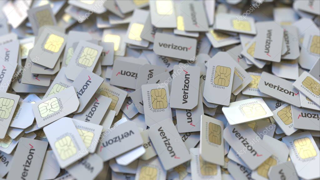 Pile of SIM cards with logo. Editorial 3D