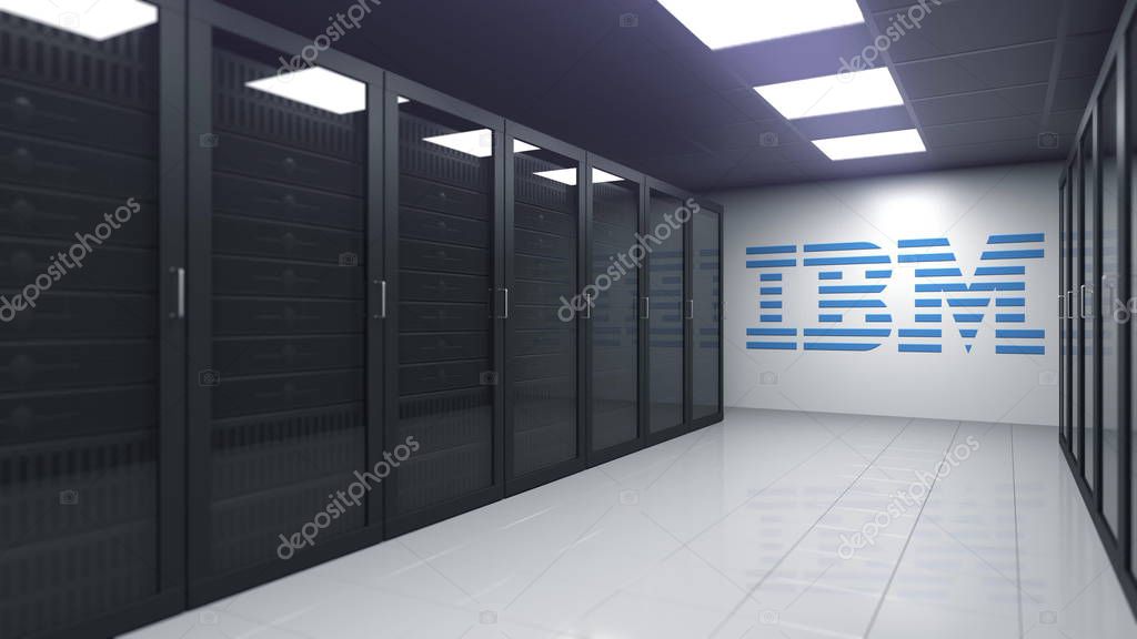 Company logo in modern server room, conceptual editorial 3D