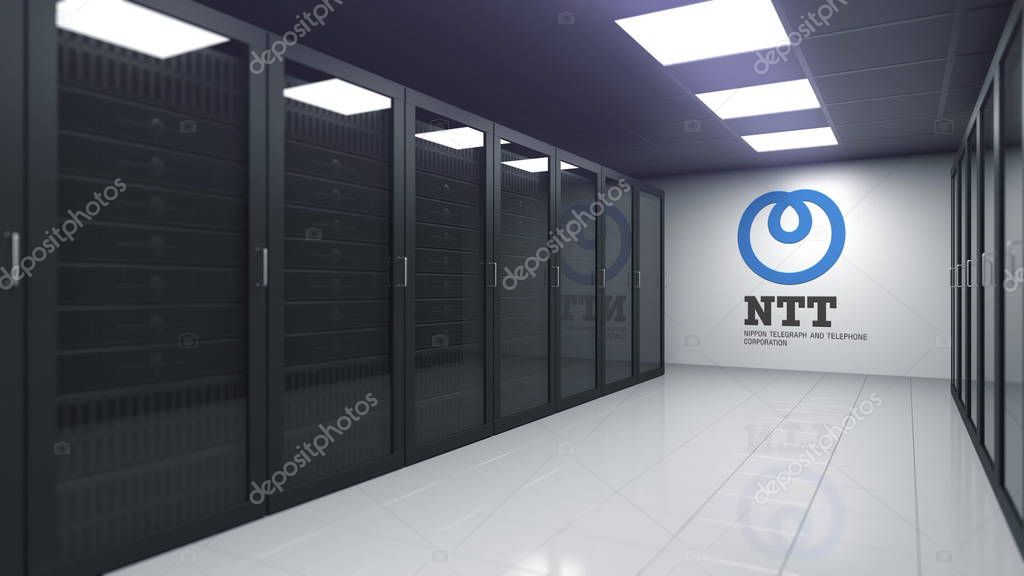 Company logo in modern server room, conceptual editorial 3D