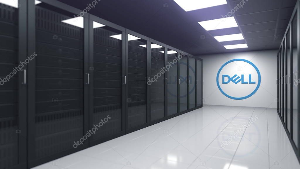 Company logo in modern server room, conceptual editorial 3D