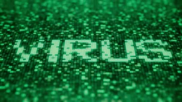 녹색 컴퓨터 화면에 기호를 깜박이는 것은 바이러스 단어를 구성합니다. 반복 가능한 3D 애니메이션 — 비디오