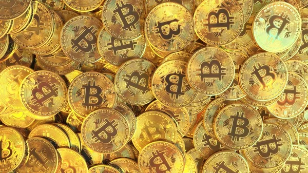 Una pila de brillantes fichas de oro bitcoin o monedas, vista de arriba hacia abajo. Criptomoneda relacionado con la renderización 3D conceptual —  Fotos de Stock