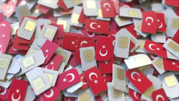Vários cartões SIM com bandeira da Turquia. Turco telecomunicações móveis conceitual animação 3D — Vídeo de Stock