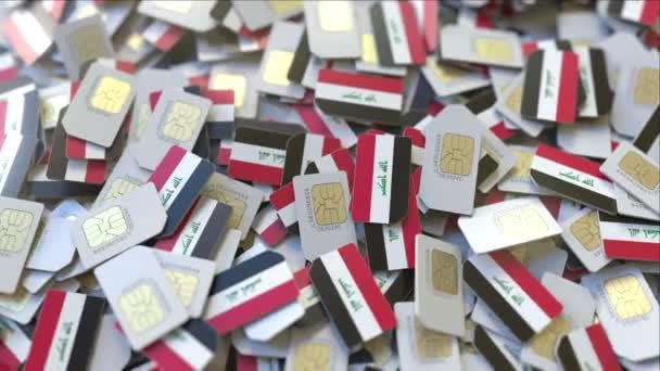 Flera SIM-kort med flagga av Irak. Irakiska mobil telekommunikation konceptuella 3D-animering — Stockvideo