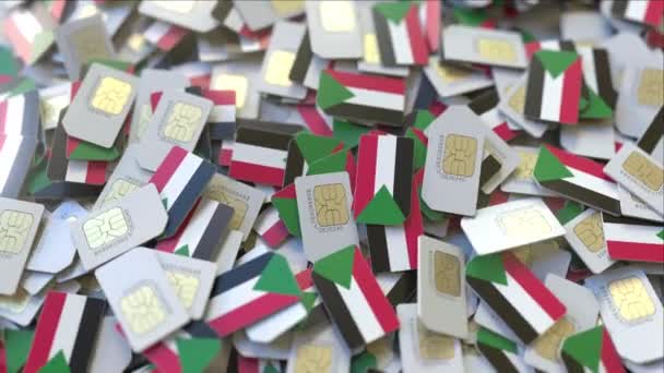 Muitos cartões SIM com bandeira do Sudão, sudanês de telecomunicações móveis relacionados animação 3D — Vídeo de Stock