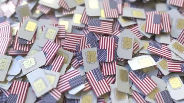 Cartões SIM com bandeira dos EUA. Rede celular americana relacionado animação 3D conceitual — Vídeo de Stock