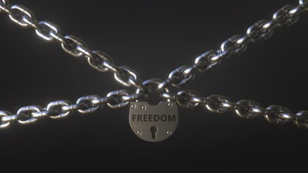 Svoboda slova na visacím zámku, které drží kovové řetězy. Konceptuální 3D animace — Stock video
