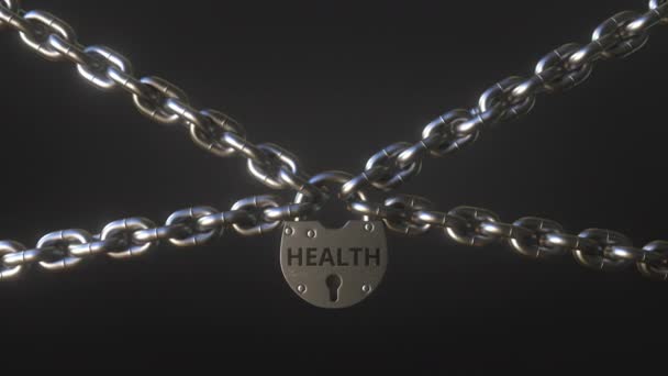 Palavra de saúde em um cadeado segurando correntes de metal. Animação 3D conceitual — Vídeo de Stock