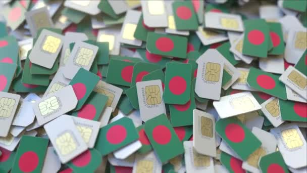 Multiple SIM cards with flag of Bangladesh. Bangladeshi mobile telecommunications conceptual 3D animation — Stock Video