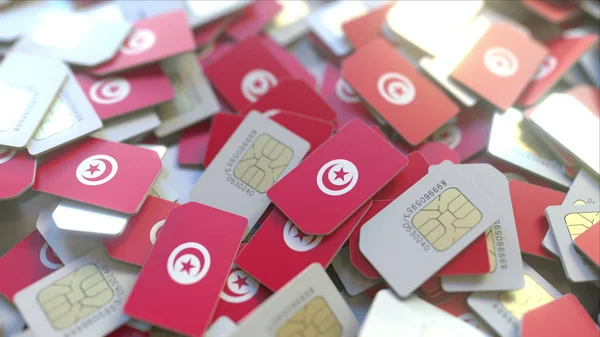 SIM cards with flag of Tunisia. Tunisian cellular network related conceptual 3D rendering — Stock Photo, Image