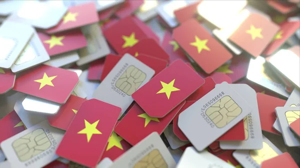 Pile of SIM cards with flag of Vietnam. Vietnamese mobile telecommunications related conceptual 3D rendering — Stock Photo, Image