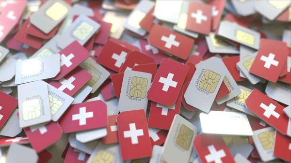 SIM cards with flag of Switzerland. Swiss cellular network related conceptual 3D rendering — Stock Photo, Image