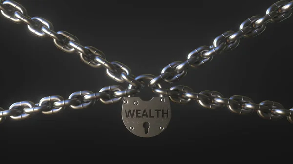 Rikedom ord på ett hänglås håller Metallkedjor. Konceptuell 3D-rendering — Stockfoto
