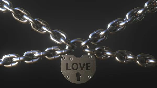 LOVE mot sur un cadenas tenant des chaînes métalliques. rendu 3D conceptuel — Photo