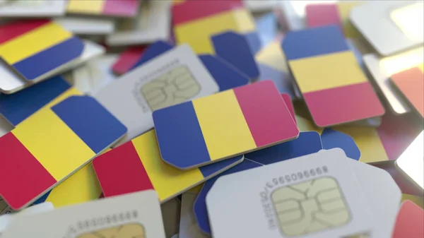 Mehrere SIM-Karten mit rumänischer Flagge. Rumänisches mobiles Telekommunikationskonzept 3D-Rendering — Stockfoto