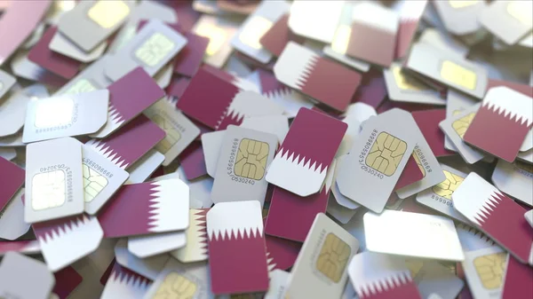 Vários cartões SIM com bandeira do Qatar. Qatari telecomunicações móveis conceituais renderização 3D — Fotografia de Stock