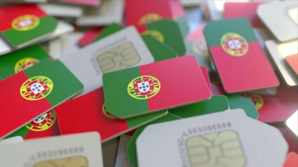 Pilha de cartões SIM com bandeira de Portugal. Renderização 3D conceitual relacionada com as telecomunicações móveis portuguesas — Fotografia de Stock
