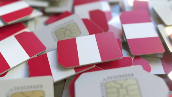 Pile of SIM cards with flag of Peru. Peruvian mobile telecommunications related conceptual 3D rendering — Stock Photo, Image