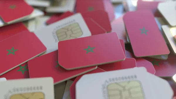 Mehrere Sim-Karten mit marokkanischer Flagge. Konzeptionelle 3D-Darstellung mobiler Telekommunikation in Marokko — Stockfoto