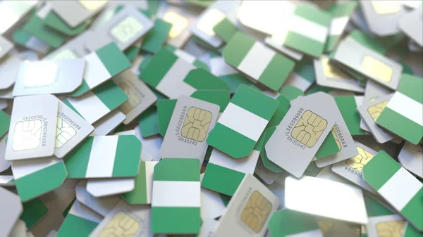 Many SIM cards with flag of Nigeria, Nigerian mobile telecommunications related 3D rendering — Stock Photo, Image