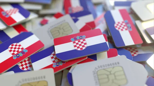 Múltiples tarjetas SIM con bandera de Croacia. Croata telecomunicaciones móviles renderizado 3D conceptual — Foto de Stock