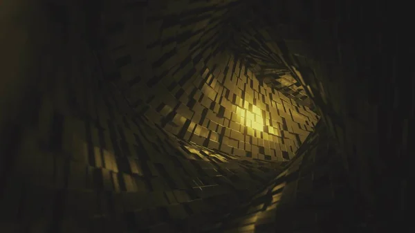 황금 벽돌로 만든 추상적 인 터널을 통해 비행. 3D 렌더링 — 스톡 사진