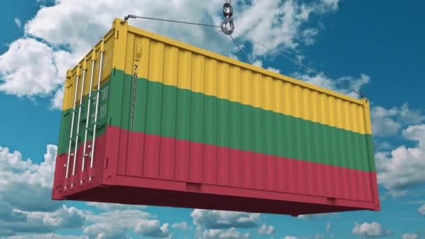 リトアニアの旗を持つコンテナ。リトアニアのインポートまたはエクスポート関連の概念 3D アニメーション — ストック動画