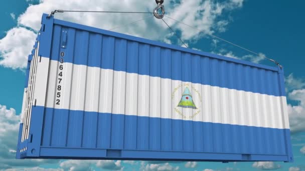 Conteneur avec drapeau du Nicaragua. Animation 3D conceptuelle liée à l'importation ou à l'exportation du Nicaragua — Video