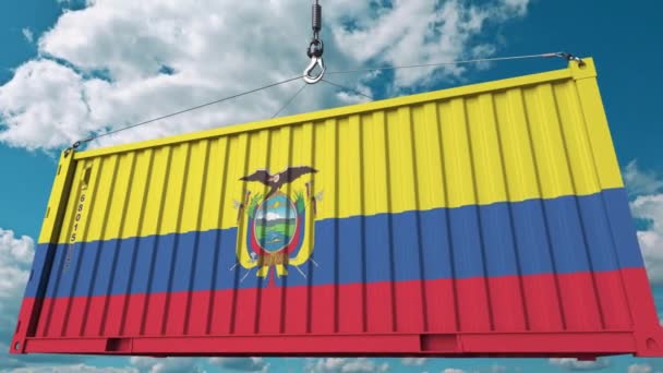 Konténer, Ecuador zászlajával. Ecuadi import vagy export kapcsolódó fogalmi 3D animáció — Stock videók
