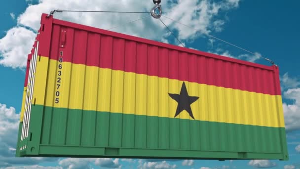 Contenitore con bandiera del Ghana. Animazione 3D concettuale relativa all'importazione o all'esportazione ghanese — Video Stock