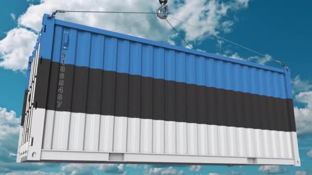 Loading container with flag of Estonia. Estonian import or export related conceptual 3D animation — Stock Video